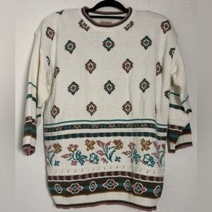 (33)Vintage Knitmakers Pullover Knit Sweater Womens Sz M White/Teal Grandma Core